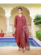 Women Red Rayon Blend Ethnic Motifs Printed Straight Kurta Salwar With Dupatta-VKSKD2342